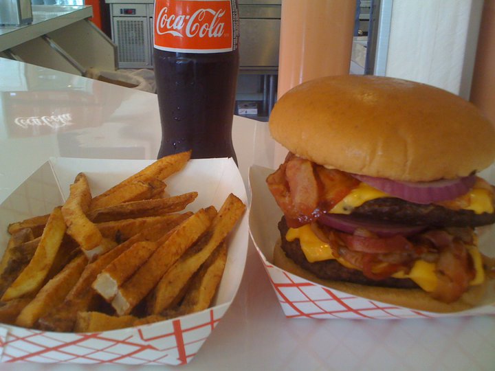 Triple Bypass Burger and fries at Heart Attack Grill