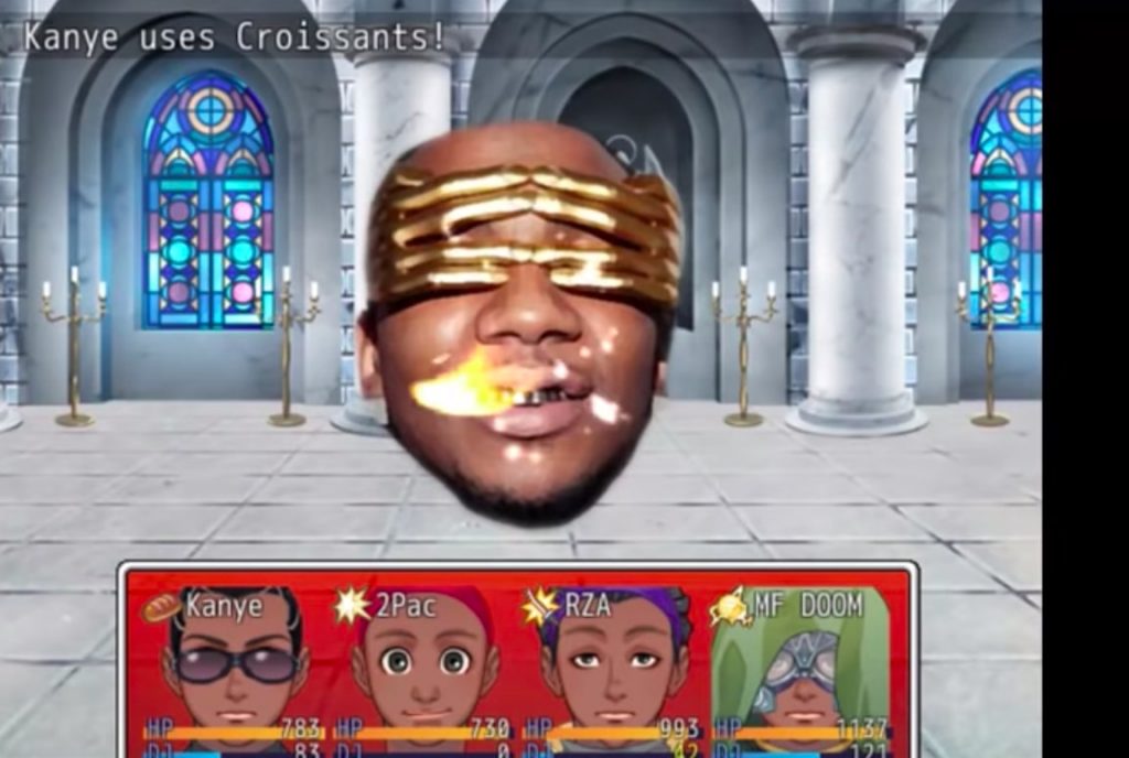 Kanye Quest 3030 characters fighting evil Lil B clone