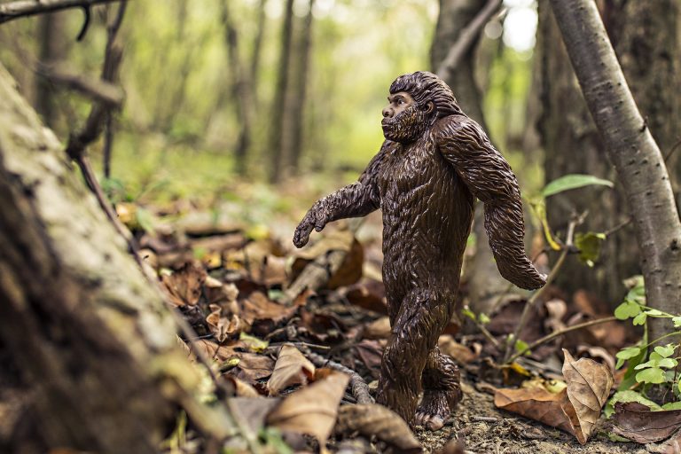 A Bigfoot figurine in a forest
